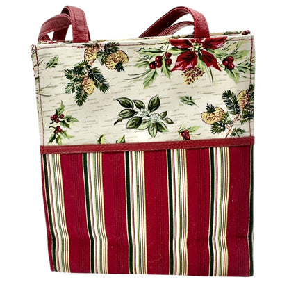 Longaberger Canvas Tote Or Gift Bag Red Green Stripes Floral Pattern EUC 9x8x3.5