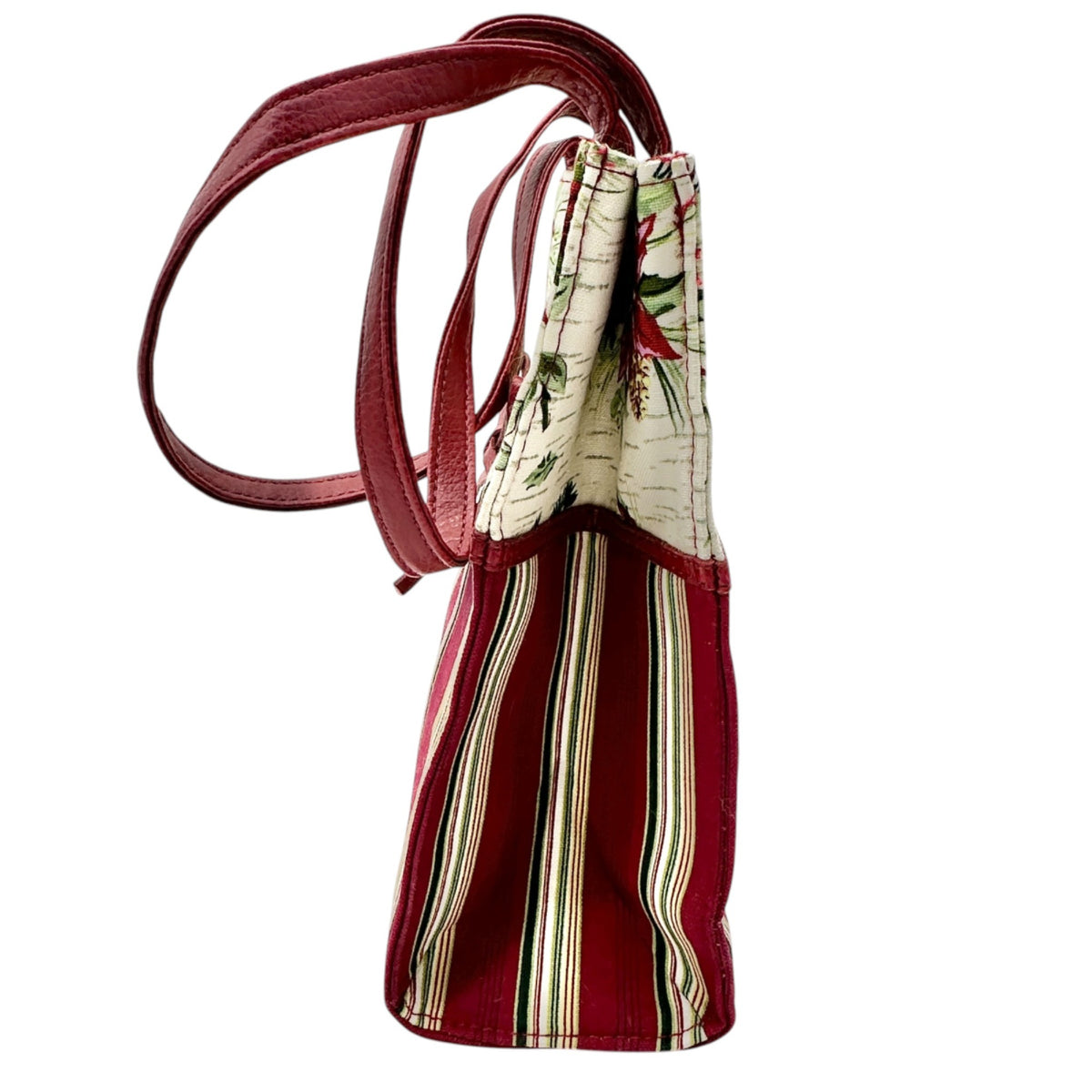 Longaberger Canvas Tote Or Gift Bag Red Green Stripes Floral Pattern EUC 9x8x3.5