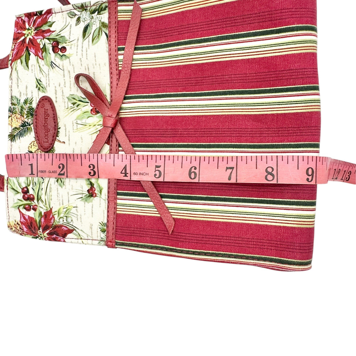 Longaberger Canvas Tote Or Gift Bag Red Green Stripes Floral Pattern EUC 9x8x3.5