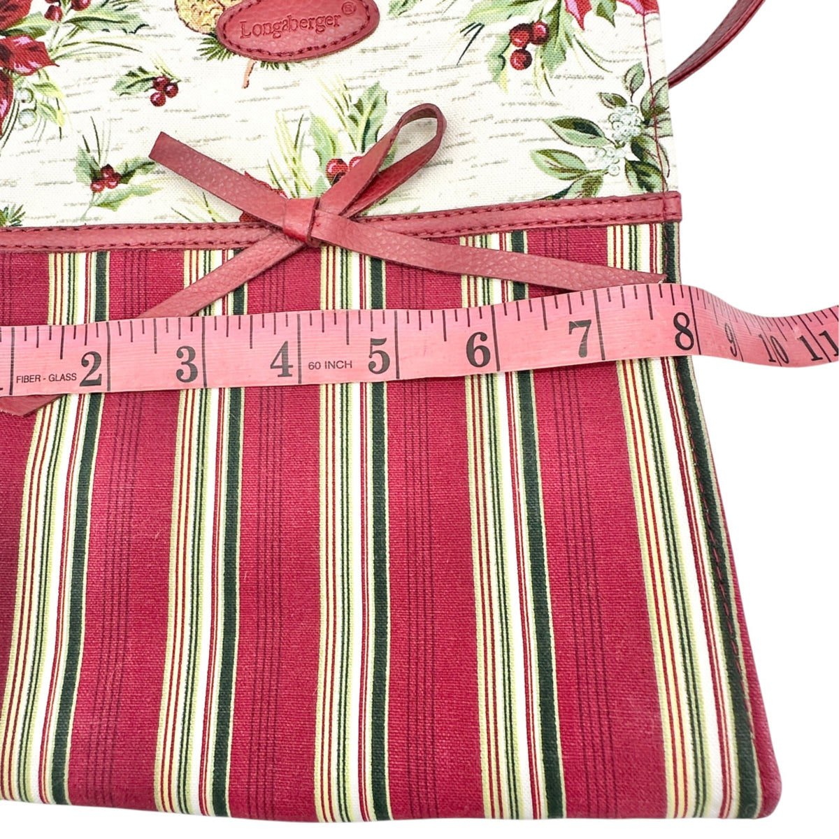 Longaberger Canvas Tote Or Gift Bag Red Green Stripes Floral Pattern EUC 9x8x3.5
