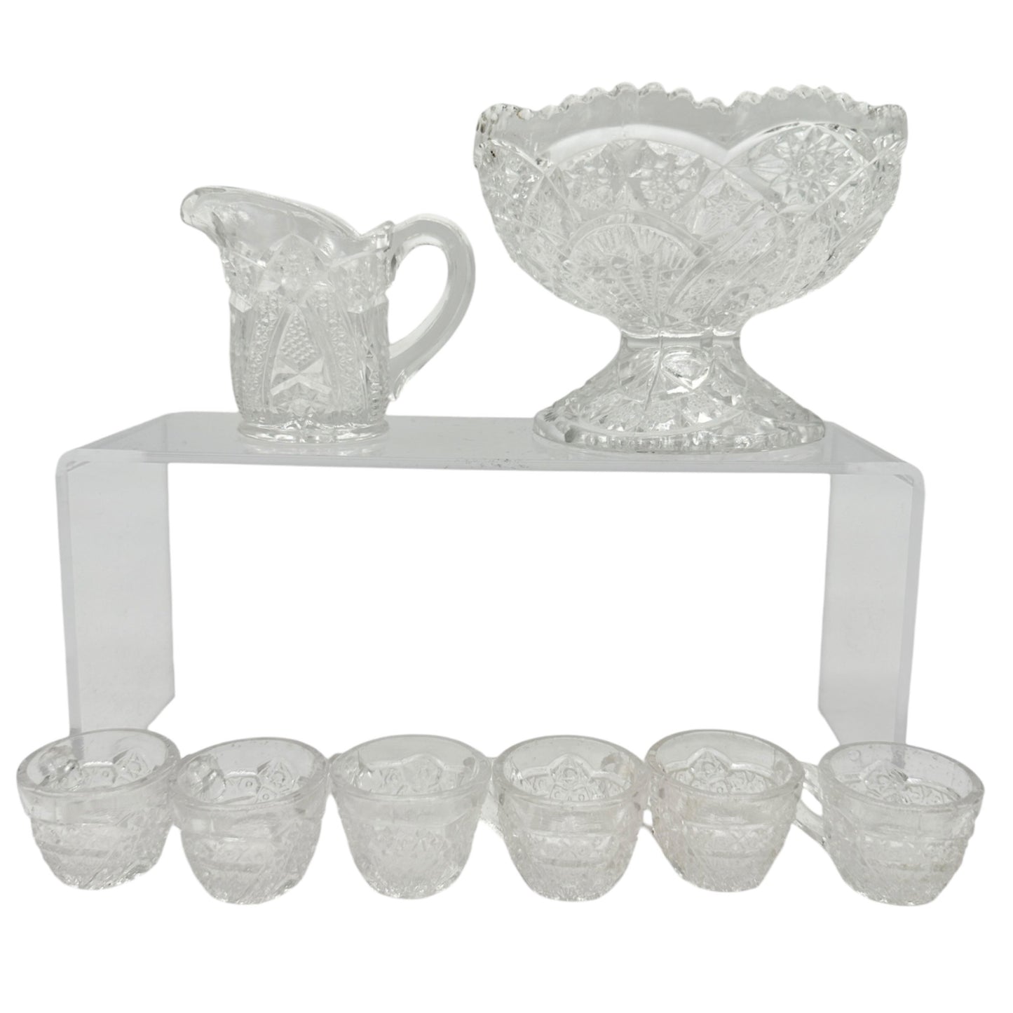 Vintage Childrens Glass Punch Bowl Set 6 Cups Intricate Diamond Pattern EAPG