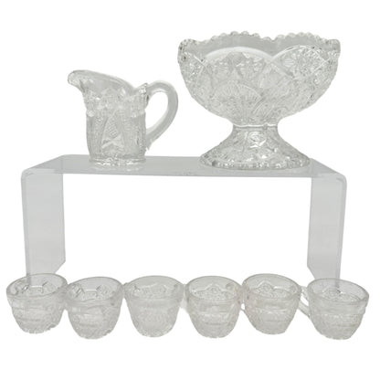 Vintage Childrens Glass Punch Bowl Set 6 Cups Intricate Diamond Pattern EAPG