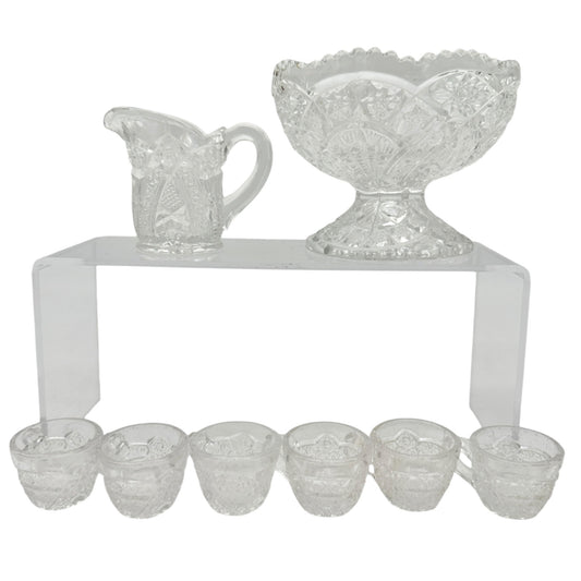 Vintage Childrens Glass Punch Bowl Set 6 Cups Intricate Diamond Pattern EAPG