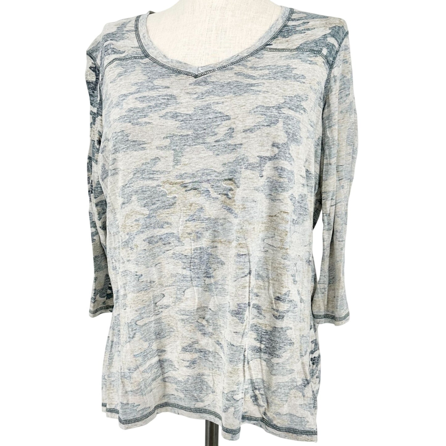 Ruff Hewn Top Womens 2X Blue Green Tan Camo VNeck Cotton 3/4 Sleeves Casual Tee
