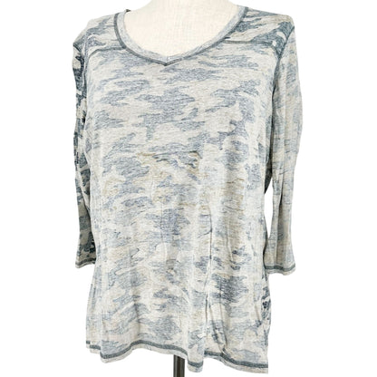 Ruff Hewn Top Womens 2X Blue Green Tan Camo VNeck Cotton 3/4 Sleeves Casual Tee