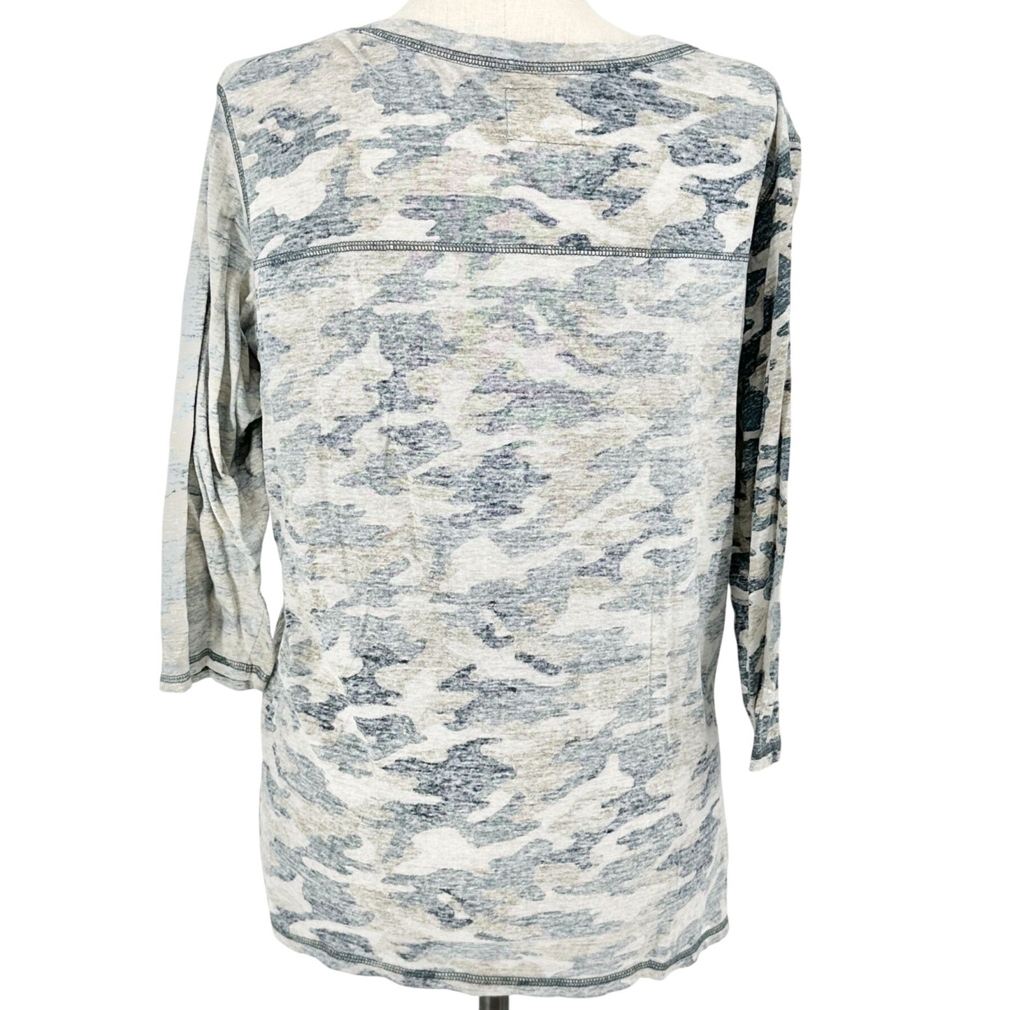 Ruff Hewn Top Womens 2X Blue Green Tan Camo VNeck Cotton 3/4 Sleeves Casual Tee