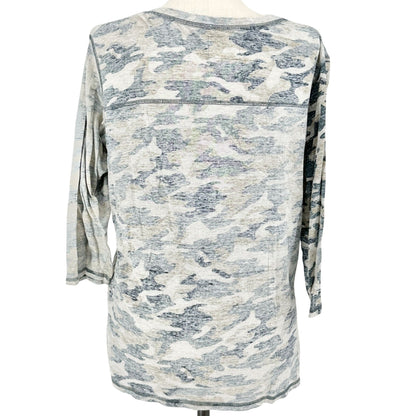 Ruff Hewn Top Womens 2X Blue Green Tan Camo VNeck Cotton 3/4 Sleeves Casual Tee