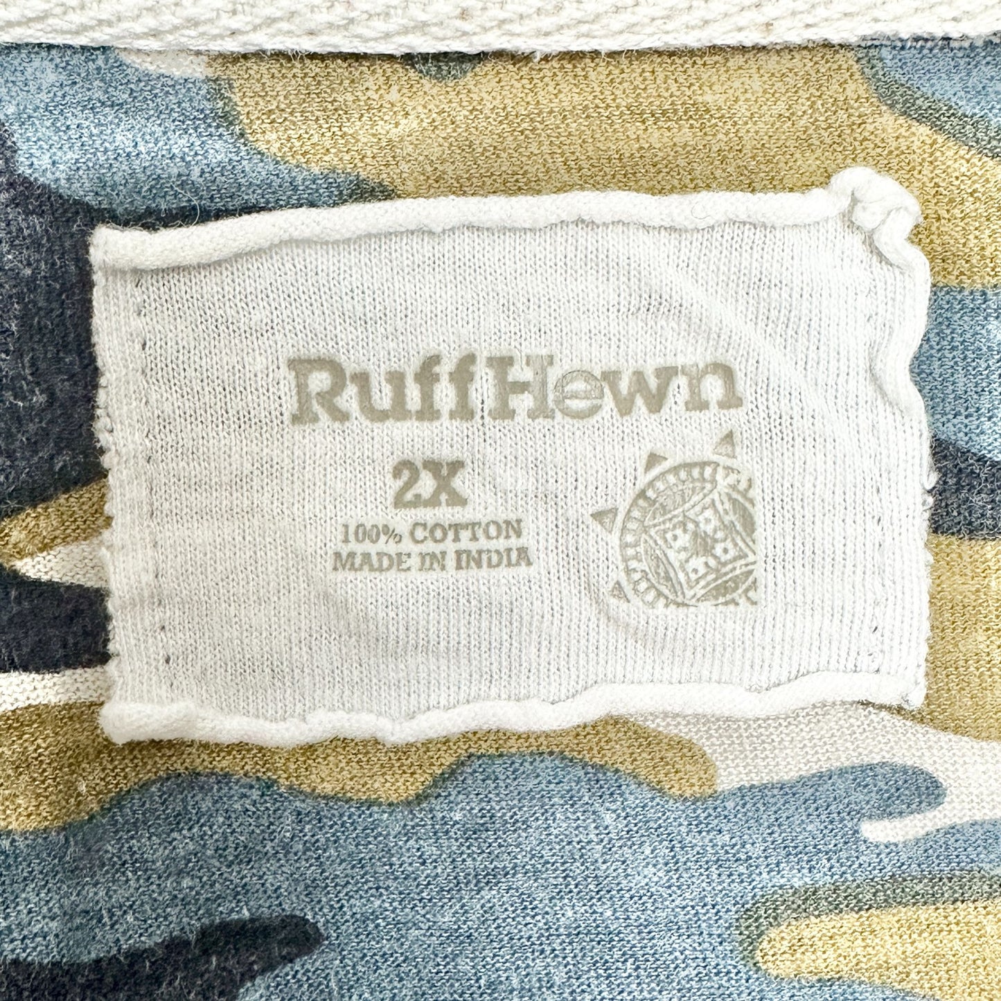 Ruff Hewn Top Womens 2X Blue Green Tan Camo VNeck Cotton 3/4 Sleeves Casual Tee