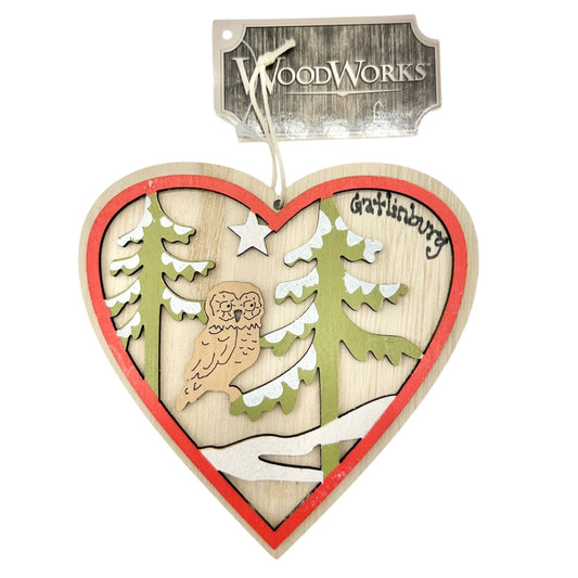 Woodworks Wooden Ornament Heart Owl Gatlinburg 4.5 inch NWT