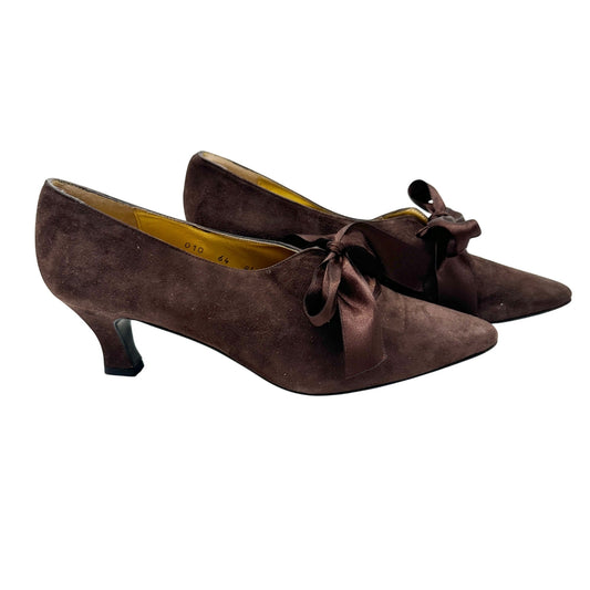 Vtg Nina Unila Brown Suede Kitten Heel Pumps Shoes 8.5N Ribbon Tie Made In Spain