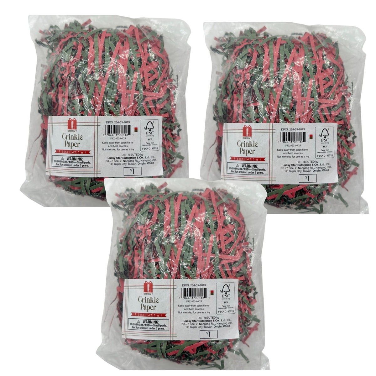 Crinkle Paper 3 bags Red Green For Gift Wrapping Decorative NIP