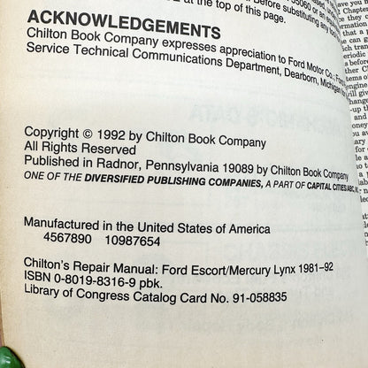Chiltons Repair Manual 8316 Ford Escort Mercury Lynx 1981-92 Paperback Pub 1998