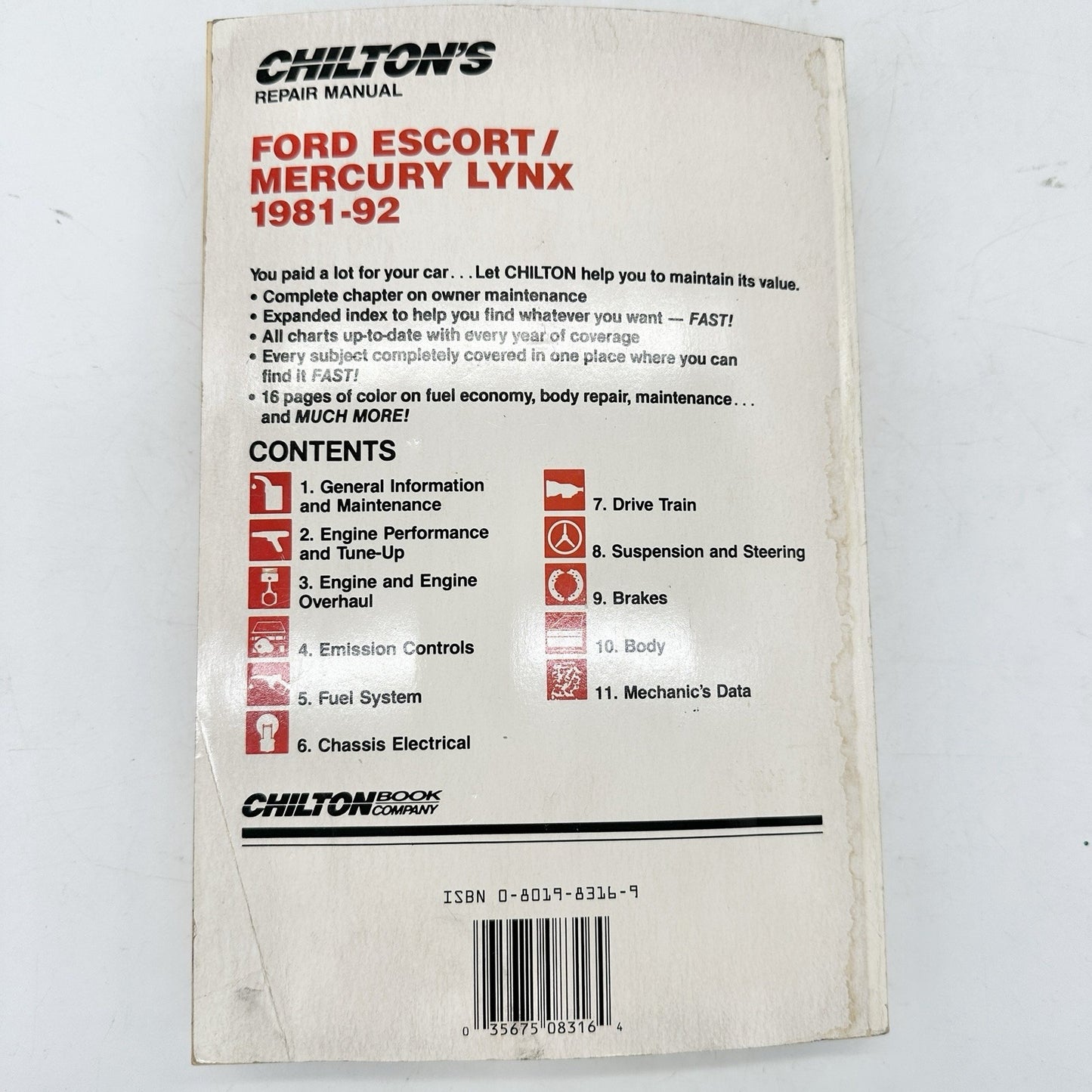 Chiltons Repair Manual 8316 Ford Escort Mercury Lynx 1981-92 Paperback Pub 1998