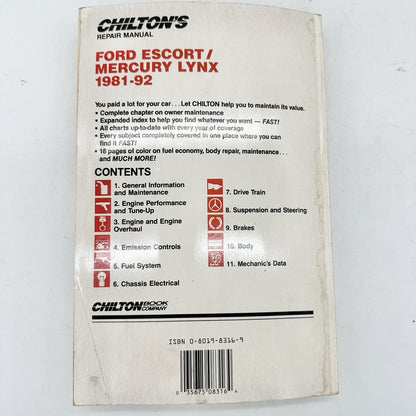 Chiltons Repair Manual 8316 Ford Escort Mercury Lynx 1981-92 Paperback Pub 1998