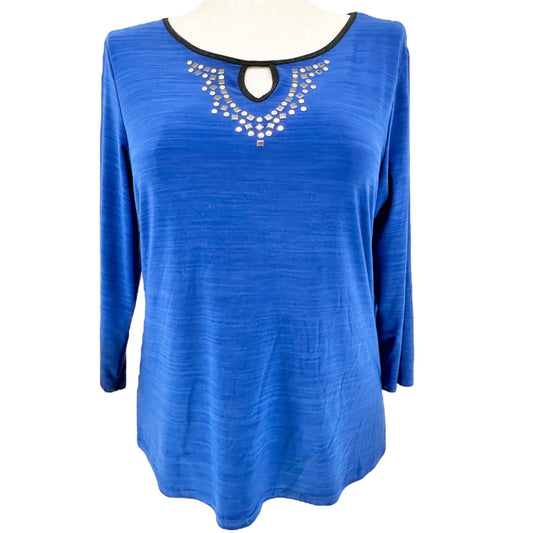 Susan Lawrence Top XL Blue 3/4 Sleeve Silver Embellishments Black Trim Accents