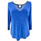 Susan Lawrence Top XL Blue 3/4 Sleeve Silver Embellishments Black Trim Accents