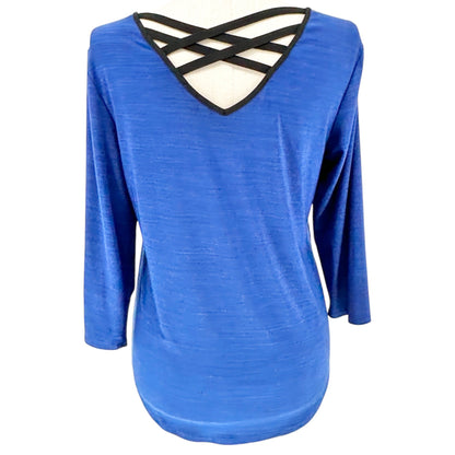 Susan Lawrence Top XL Blue 3/4 Sleeve Silver Embellishments Black Trim Accents