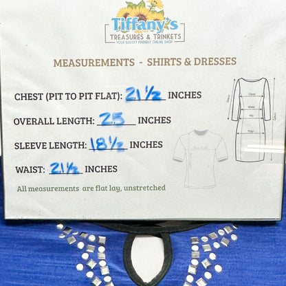 Susan Lawrence Top XL Blue 3/4 Sleeve Silver Embellishments Black Trim Accents