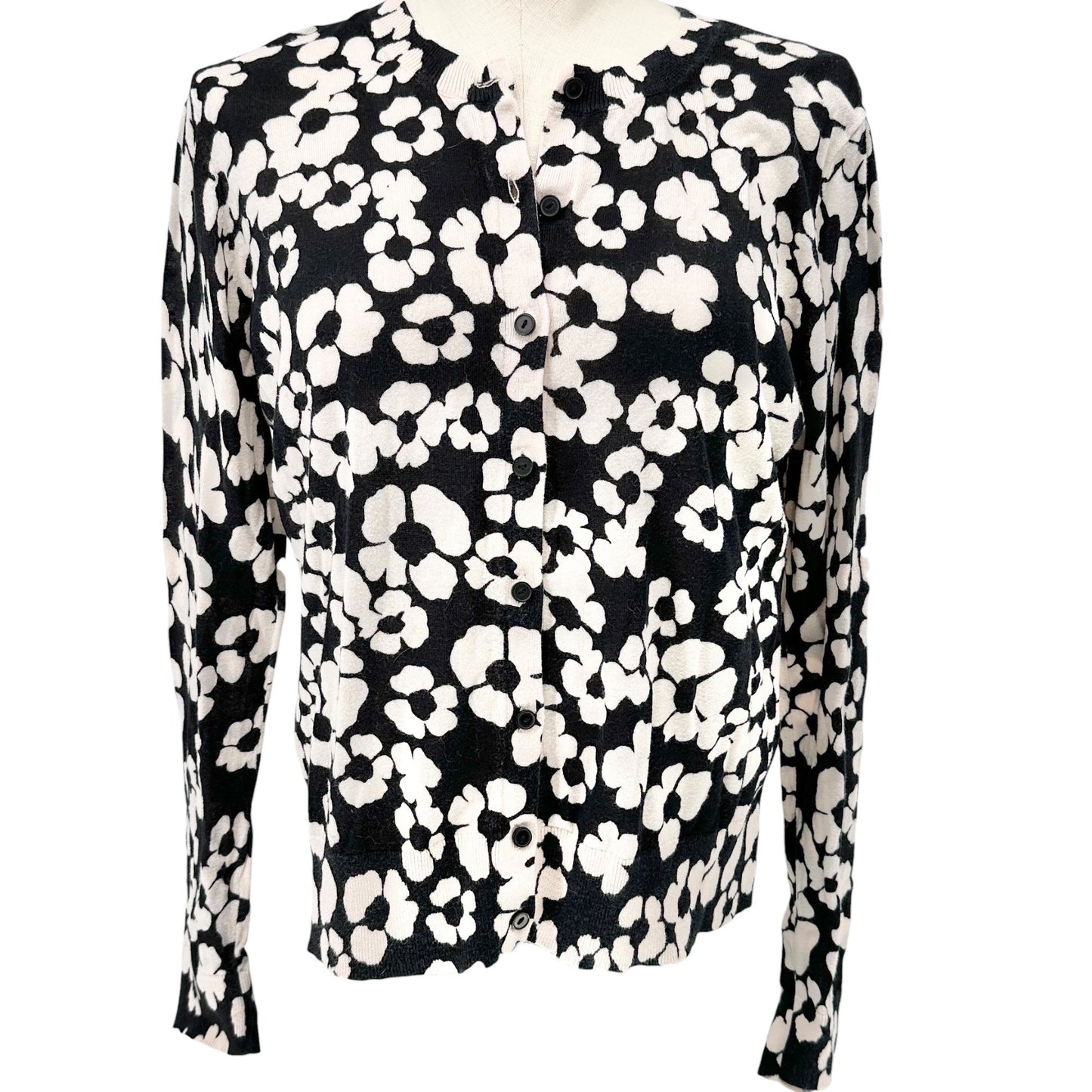 Button-Up Cardigan Sweater Womens S LS Black and White Flora Cotton Crew Neck