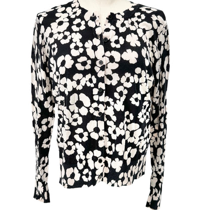 Button-Up Cardigan Sweater Womens S LS Black and White Flora Cotton Crew Neck