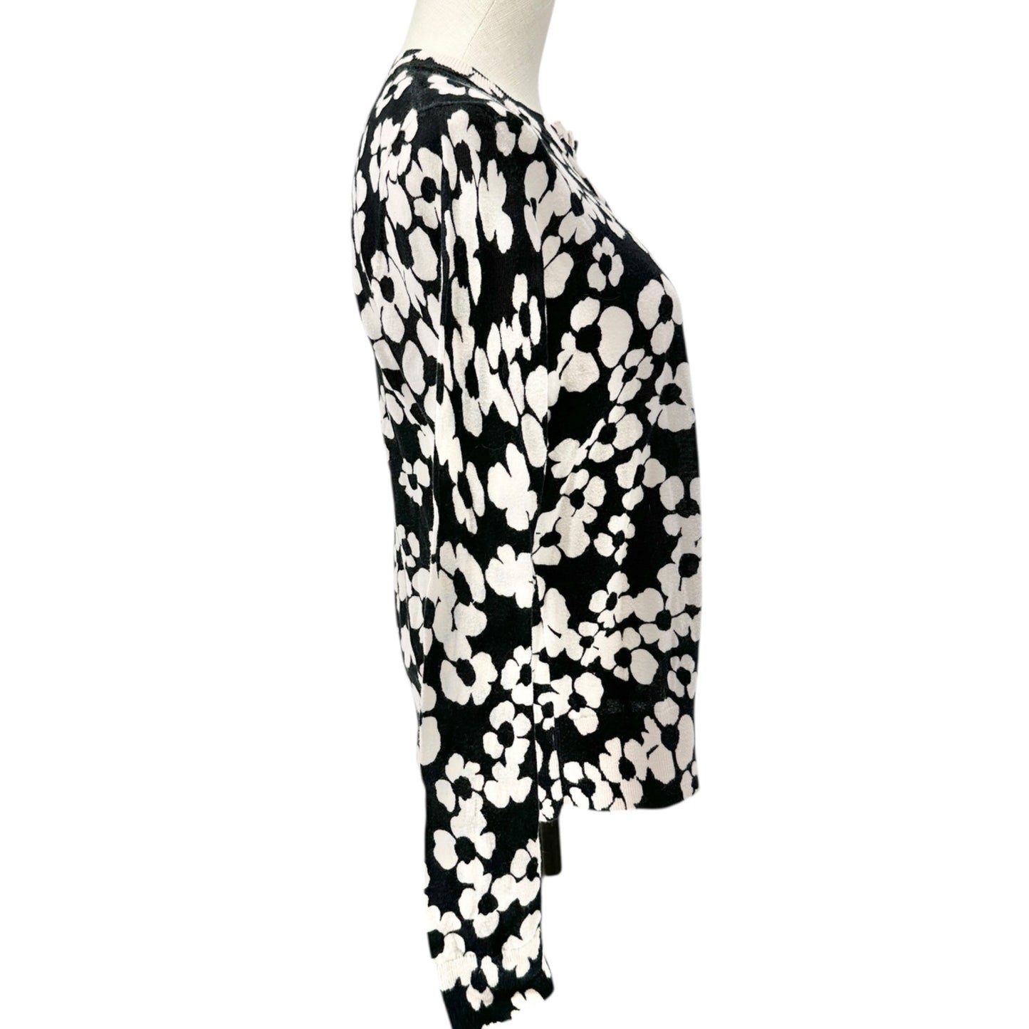 Button-Up Cardigan Sweater Womens S LS Black and White Flora Cotton Crew Neck