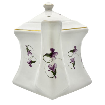 Vtg Kernewek Teapot w Lid English Bone China Hexagonal White w Purple Florals