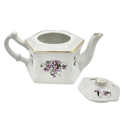 Vtg Kernewek Teapot w Lid English Bone China Hexagonal White w Purple Florals