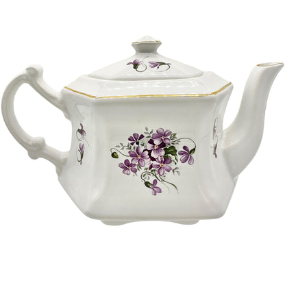 Vtg Kernewek Teapot w Lid English Bone China Hexagonal White w Purple Florals