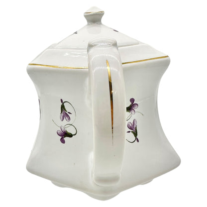 Vtg Kernewek Teapot w Lid English Bone China Hexagonal White w Purple Florals