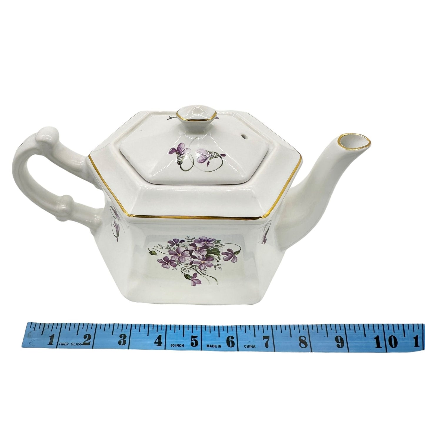 Vtg Kernewek Teapot w Lid English Bone China Hexagonal White w Purple Florals