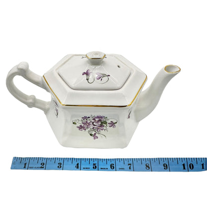 Vtg Kernewek Teapot w Lid English Bone China Hexagonal White w Purple Florals