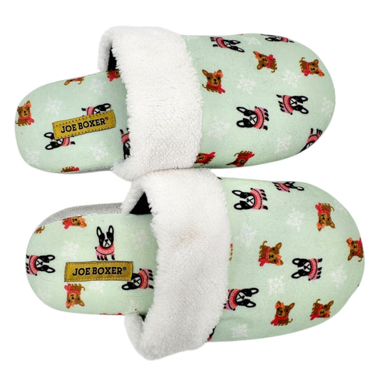 Joe Boxer Womens Faux Fur Slippers Mint Green French Bulldog Print Size 9/10