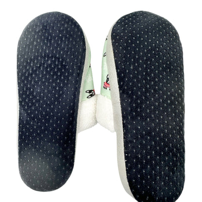 Joe Boxer Womens Faux Fur Slippers Mint Green French Bulldog Print Size 9/10