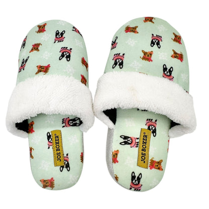 Joe Boxer Womens Faux Fur Slippers Mint Green French Bulldog Print Size 9/10