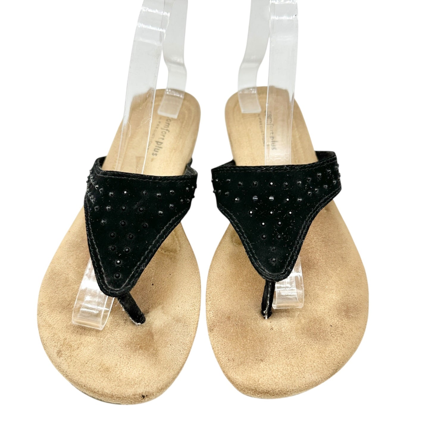 Comfort Plus 9 Black Leather Thong Sandals With Studded Accent Cushioned Footbed