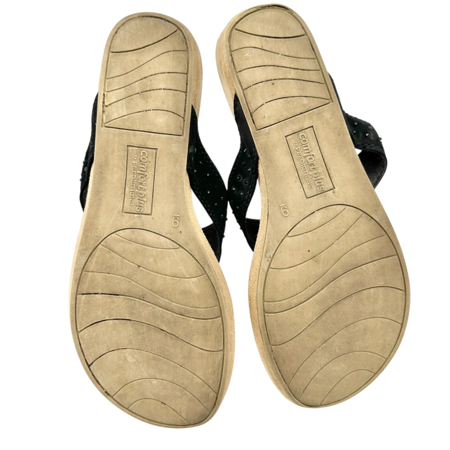 Comfort Plus 9 Black Leather Thong Sandals With Studded Accent Cushioned Footbed