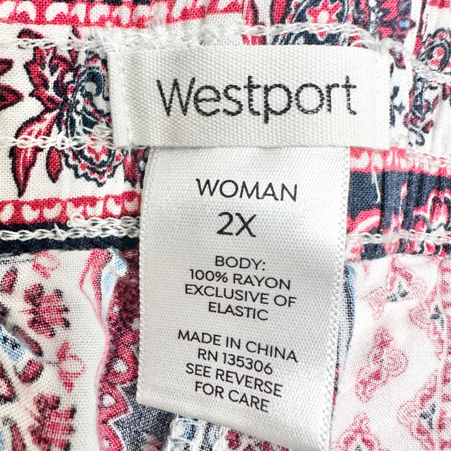 Westport Wide Leg Pants Womens 2X Boho Print Elastic Waist Lightweight Rayon