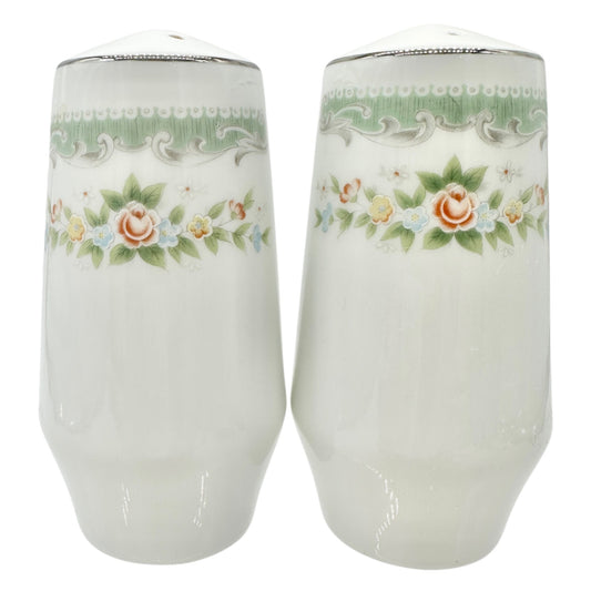 Vtg Floral Porcelain Salt and Pepper Shakers Green Trim Floral Elegant Decor 3.5