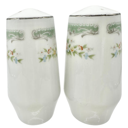 Vtg Floral Porcelain Salt and Pepper Shakers Green Trim Floral Elegant Decor 3.5