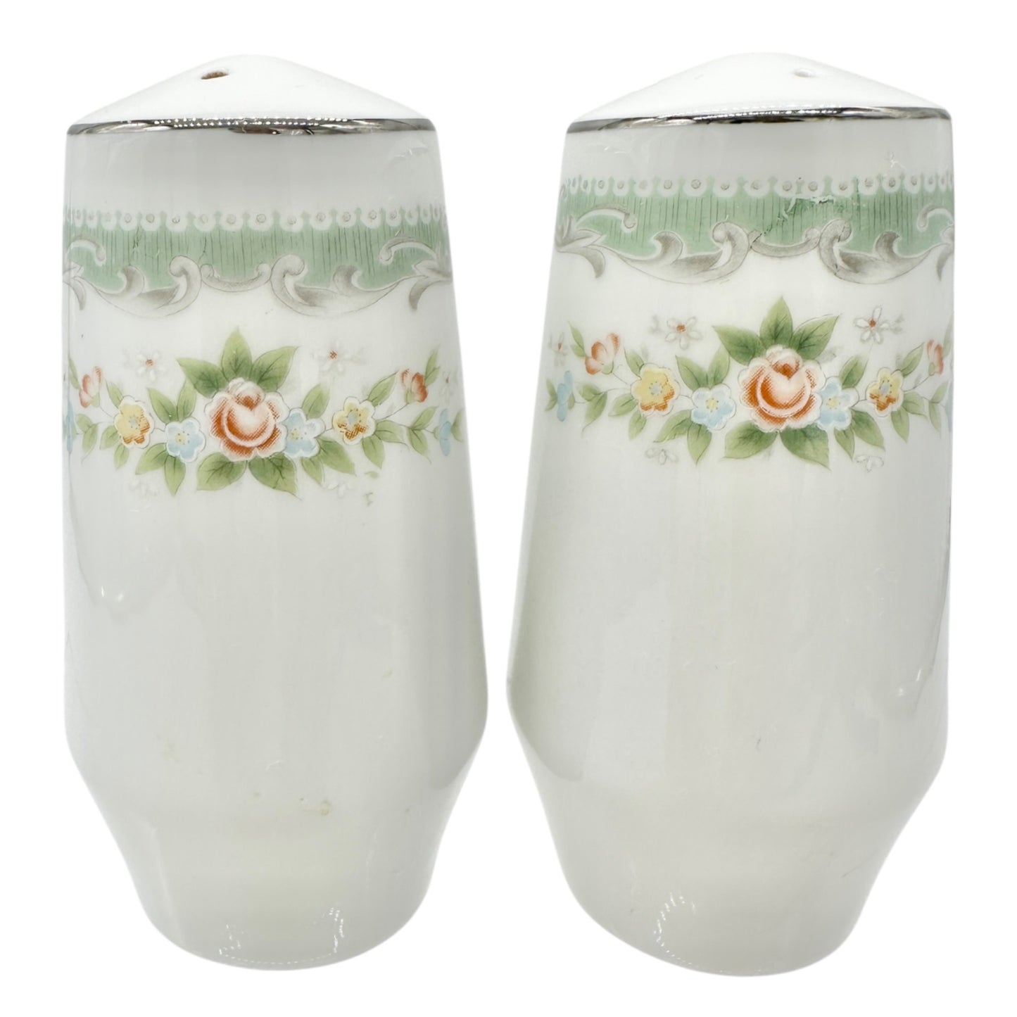 Vtg Floral Porcelain Salt and Pepper Shakers Green Trim Floral Elegant Decor 3.5