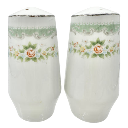 Vtg Floral Porcelain Salt and Pepper Shakers Green Trim Floral Elegant Decor 3.5