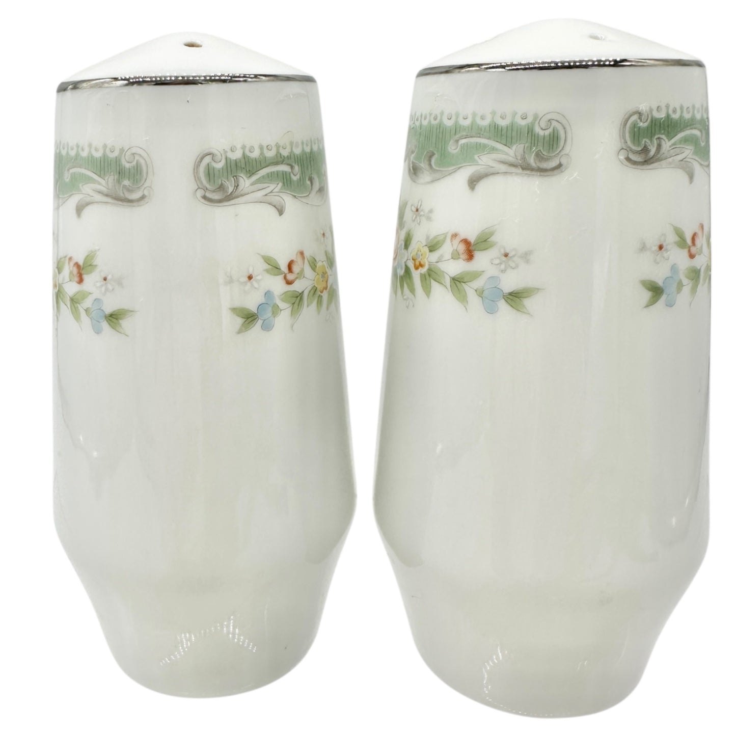 Vtg Floral Porcelain Salt and Pepper Shakers Green Trim Floral Elegant Decor 3.5