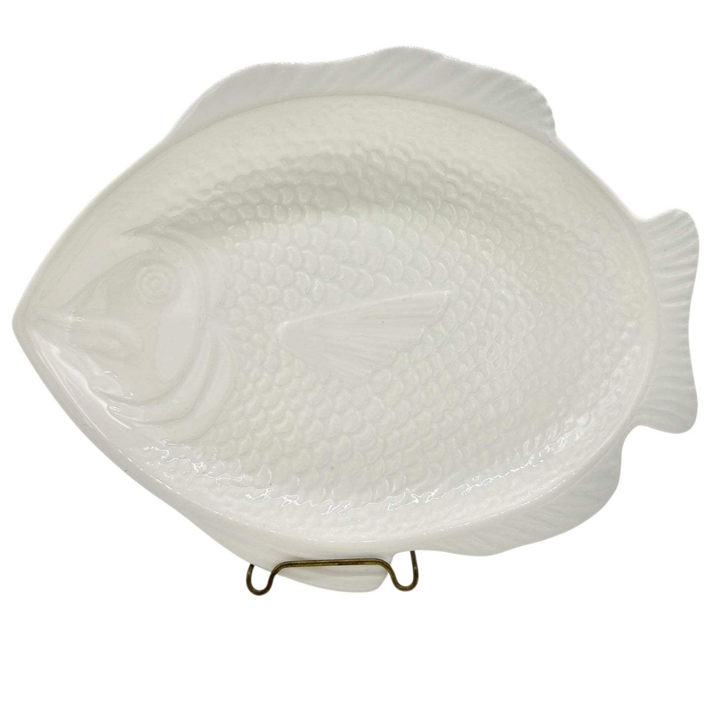Ceramic Fish-Shaped Serving Plate White Embossed Design Vtg Coastal Home Decor