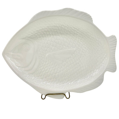 Ceramic Fish-Shaped Serving Plate White Embossed Design Vtg Coastal Home Decor