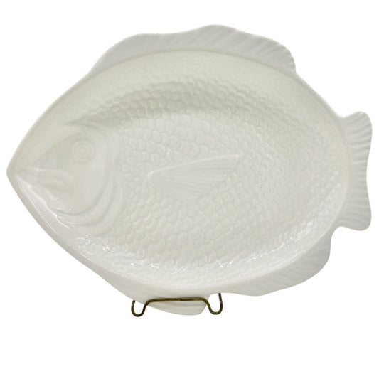 Ceramic Fish-Shaped Serving Plate White Embossed Design Vtg Coastal Home Decor