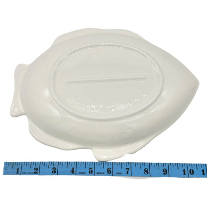 Ceramic Fish-Shaped Serving Plate White Embossed Design Vtg Coastal Home Decor