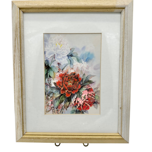 Vintage Framed Floral Watercolor Print Of Red and White Peonies In Wooden Frame