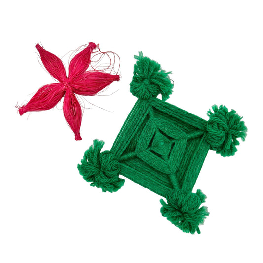 Pair of Vintage Handcrafted Fiber Ornaments Green and Red Rustic Retro Boho