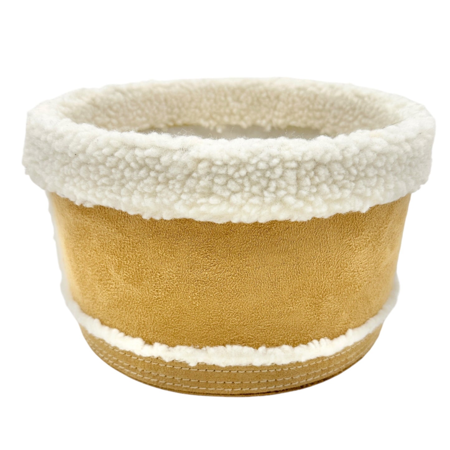 Sheepskin and Suede Round Storage Container 9” Dia x 6” H