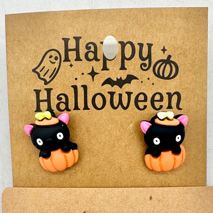 Halloween Stud Earrings Black Cat in Orange Pumpkin Plastic Metal Post Backs